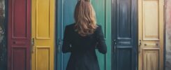 Woman looking at multiple doors as a metaphor for selecting a career coach