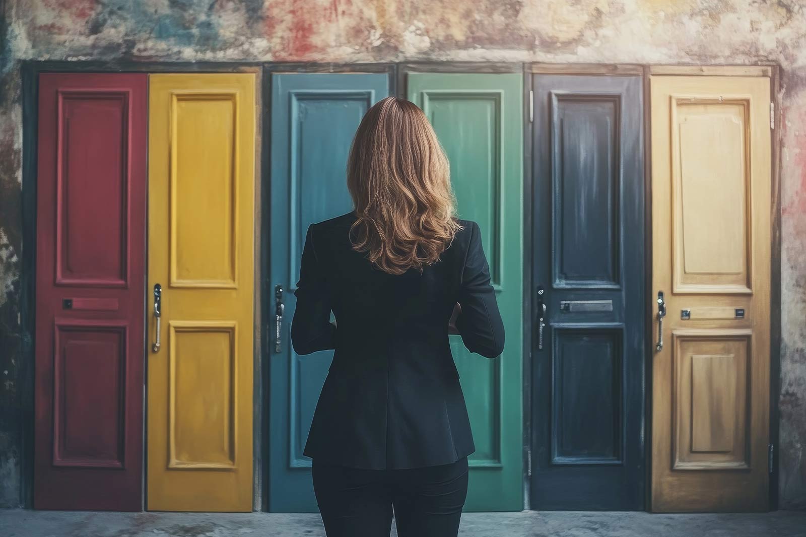 Woman looking at multiple doors as a metaphor for selecting a career coach