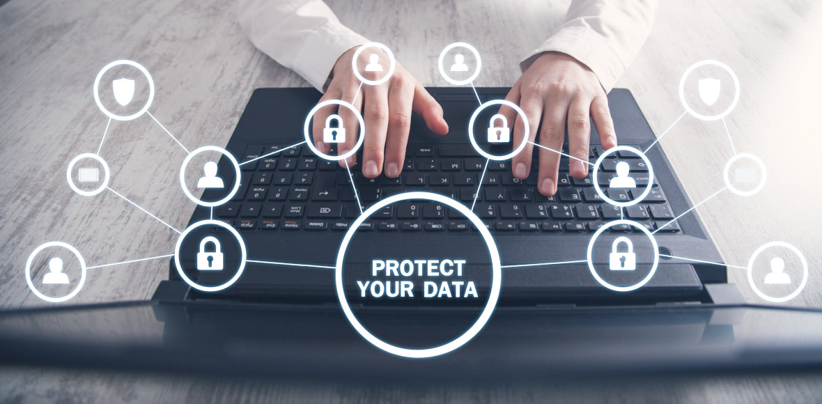 Photo of hands on a keyboard with icons floating in the air representing locks and humans with a central message - Protect Your Data.