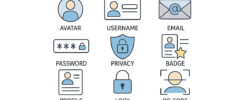 Digital identity icons illustrating avatar, username, email, password, privacy, badge, profile, lock, QR code