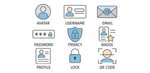 Digital identity icons illustrating avatar, username, email, password, privacy, badge, profile, lock, QR code