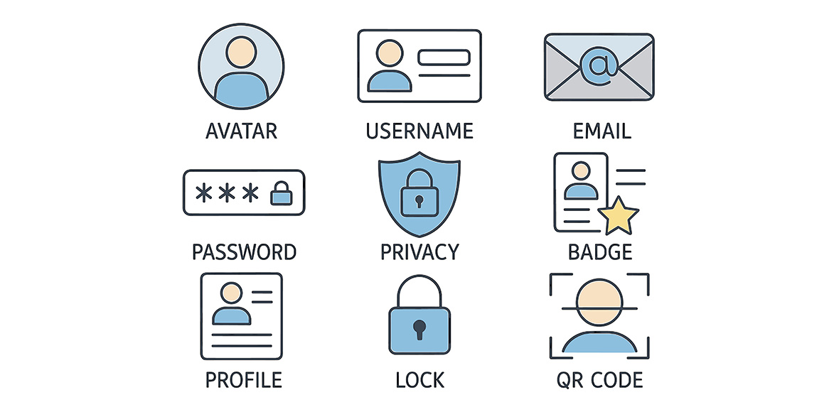 Digital identity icons illustrating avatar, username, email, password, privacy, badge, profile, lock, QR code